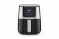 A modern air fryer with a black and stainless steel body, featuring a digital LED display screen on the front.
