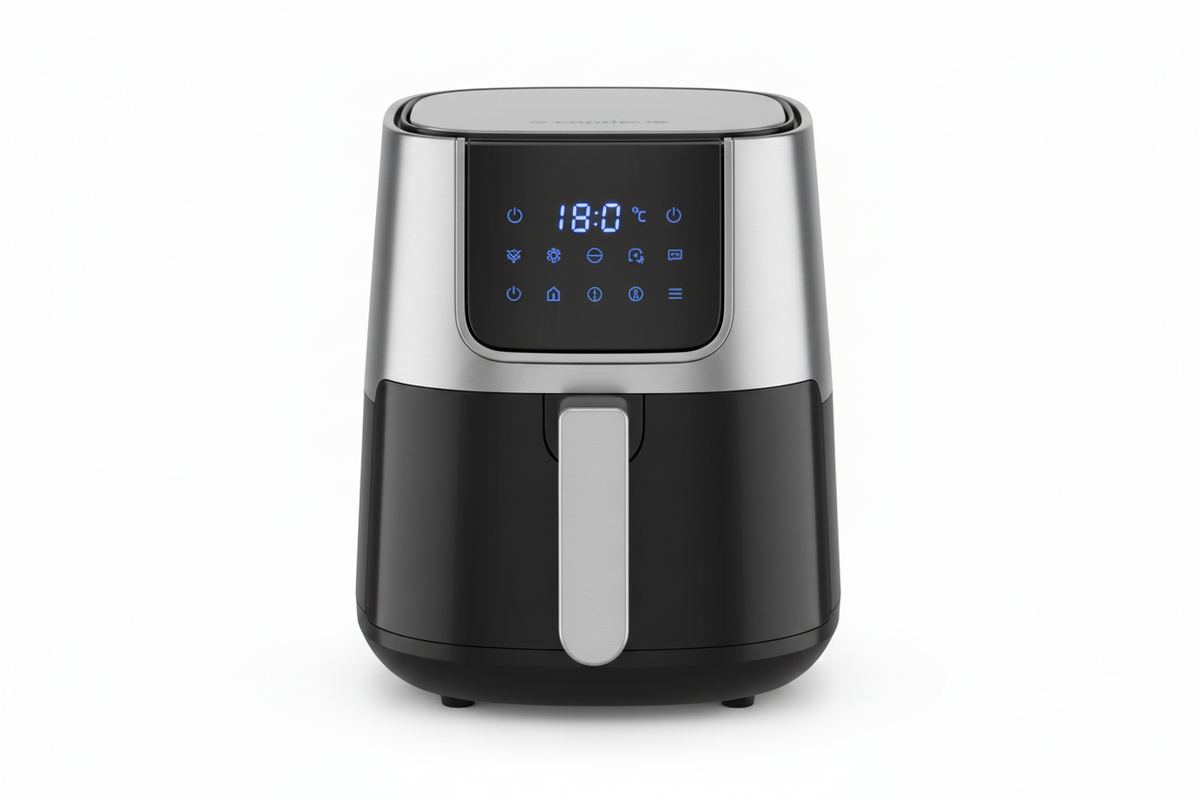 A modern air fryer with a black and stainless steel body, featuring a digital LED display screen on the front.