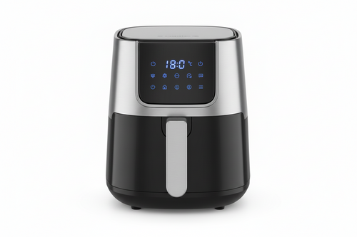 A modern air fryer with a black and stainless steel body, featuring a digital LED display screen on the front.