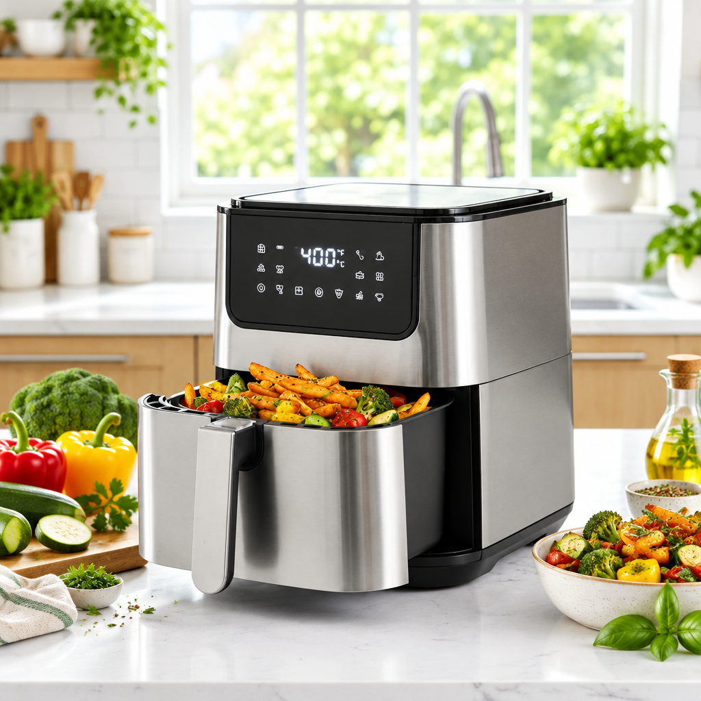 A stainless steel and black air fryer sits on a white kitchen countertop with its basket pulled out, filled with french fries and broccoli. The background shows a bright, modern kitchen with a window and light wood cabinets.