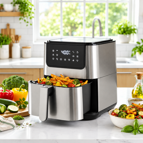 A stainless steel and black air fryer sits on a white kitchen countertop with its basket pulled out, filled with french fries and broccoli. The background shows a bright, modern kitchen with a window and light wood cabinets.